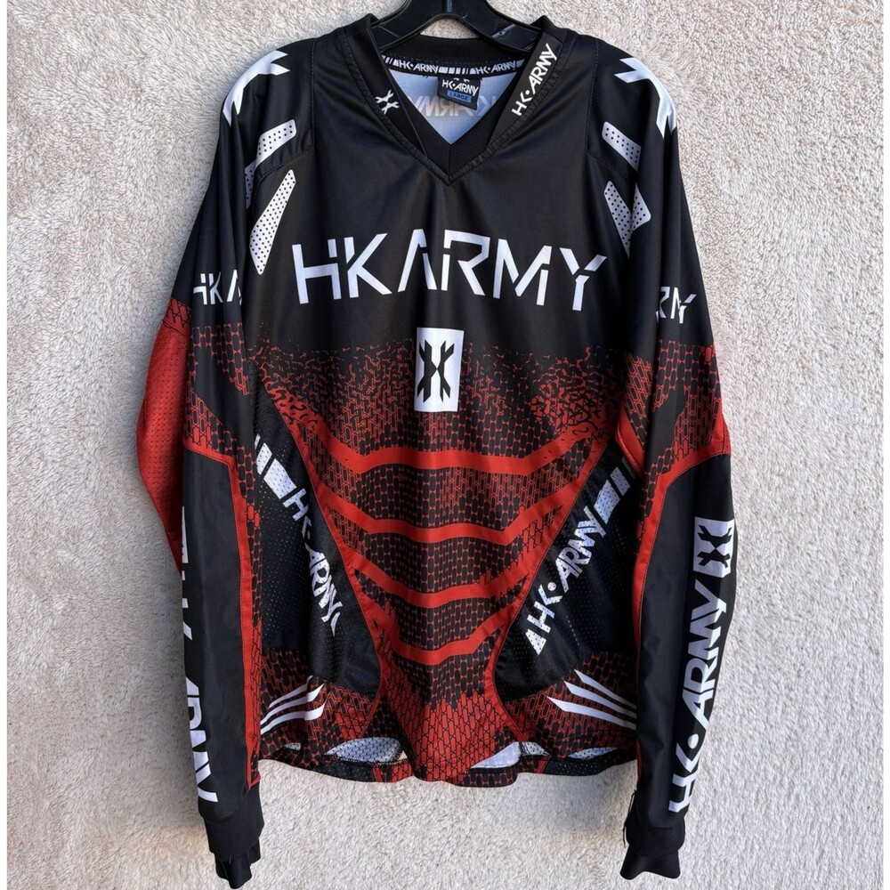 HK Army Paintball Jersey Freeline Sz Large Black Fire Red Long Sleeve V Neck